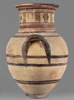 Amphora, Cyprus; large amphora with two horizontal handles, rounded shoulders, and a neck narrowing