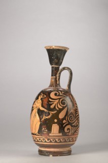 Red-figure aryballus lekythos with a depiction of Eros and a woman, Darius Painter 340–320 BC,