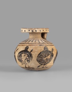 Aryballos with a depiction of warriors with shields, Middle Corinthian period, ca. 570 BC, Corinth;