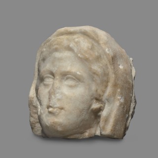 Head of a woman wearing a veil. The face is oval with regular features: rounded chin, small compact