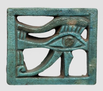 Amulet — Eye of Horus. Openwork Eye of Horus in a rectangular frame; iris and eyebrow black, the