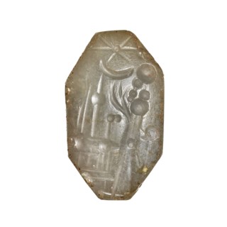 Stamp seal with a scene of adoration of divine symbols, unknown Neo-Babylonian workshop. On the
