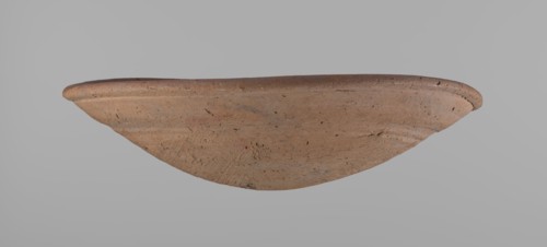Bowl, Shallow, rounded, asymmetrical clay bowl with a flaring, irregular rim. Surface is level;