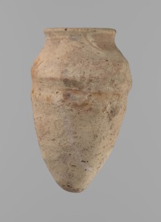 Vessel with hieratic inscription. Egyptian pottery, conical clay vessel tapering toward the bottom,