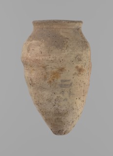 Vessel with hieratic inscription. Conical clay vessel tapering toward the bottom, irregular, widest