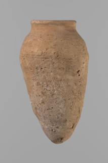 Vessel with hieratic inscription. Conical clay vessel tapering toward the bottom, irregular; widest