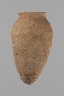 Vessel with hieratic inscription. Conical clay vessel tapering toward the bottom; irregular, widest