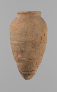 Vessel with hieratic inscription, Egyptian pottery, clay vessel, hand-made and turned in the upper