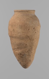 Vessel with hieratic inscription. Egyptian pottery, clay vessels, ceramics. Hand-made vessel,
