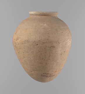Vessel, Ovoid clay vessel with slightly downward-stretched shape, widest at about 2/3 of the height