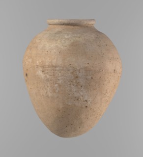 Vessel, Clay ovoid vessel with slightly downward-stretched shape, widest at about 2/3 of the height