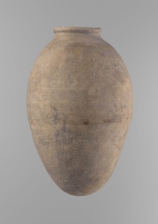 Vessel with an ovoid belly, widest about halfway up. Wide, short, almost cylindrical neck with a