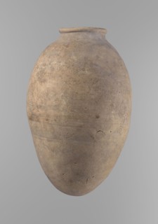 Vessel, Ceramics, Egyptian clay vessel with an ovoid belly, widest about halfway up. Wide, short,