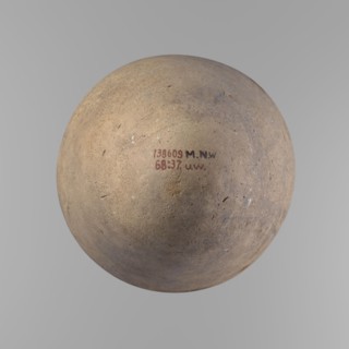 Vessel with an ovoid belly, widest about halfway up. Wide, short, almost cylindrical neck. Rounded,