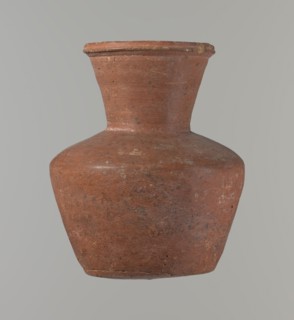 Vessel, Medium-sized clay jug with a biconical body, widest at about half its height. Wide