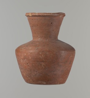 Vessel, Medium-sized clay jug with a biconical body, widest at about half its height; wide
