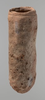 Vessel, Egyptian pottery, handmade clay vessel, almost cylindrical, widest just below a straight,