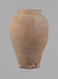 Vessel, Beer jug of a slightly irregular, conical shape with a wide, very short neck and a flat