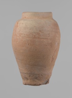 Vessel, beer jug of slightly irregular conical shape with a wide, very short neck and flat bottom;