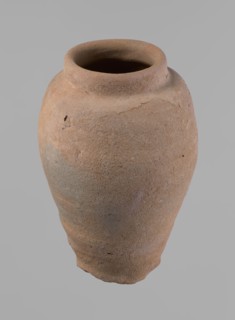 Vessel, Beer jug of a slightly irregular, conical shape with a wide, very short neck and a flat