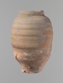Vessel. Beer jug of slightly irregular, conical shape with a wide, very short neck and flat bottom.