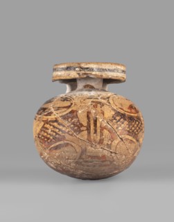 Orientalizing aryballos, Greece, Late Corinthian period. Globular aryballos with a flat rim disc