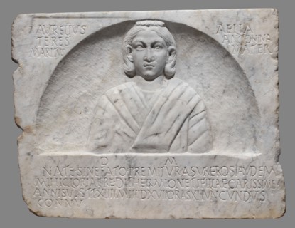 Funerary stele with a depiction of the deceased Hermiones and a Latin inscription, unknown Roman