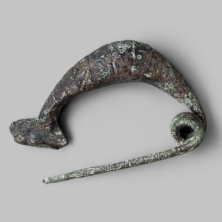 Leech fibula with a short stem, Bronze fibula with an arched thickening and a full bow. Short clasp