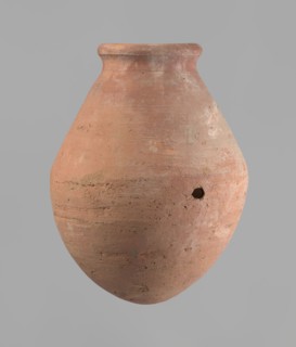 Vessel, Egyptian ceramic vessel with an ovoid belly, a wide short neck and a rounded bottom;
