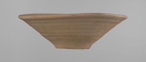 Bowl, Bowl with a conical shape and a flat bottom, slightly asymmetrical. Straight, flaring rim.