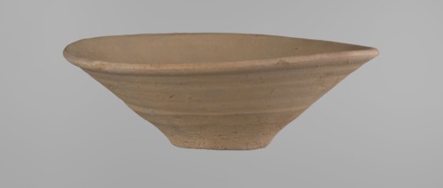 Bowl, Bowl with a conical shape and a flat bottom, slightly asymmetrical; straight, flaring rim.