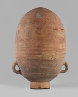 Vessel, Storage vessel amphora with an ovoid body, rounded bottom, and short cylindrical neck.
