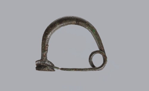 Arched fibula, One-piece fibula with an arched bow made of a round bar, decorated with groups of