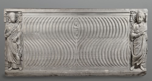 Sarcophagus with a depiction of a married couple and a shepherd, unknown Roman workshop. A large