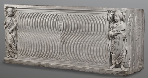 Sarcophagus with a depiction of a married couple and a shepherd, unknown Roman workshop. A large