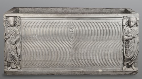 Sarcophagus with a depiction of a married couple and a shepherd, unknown Roman workshop. A large