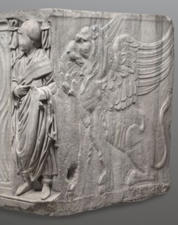 Sarcophagus with a depiction of a married couple and a shepherd, unknown Roman workshop. A large