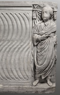 Sarcophagus with a depiction of a married couple and a shepherd, unknown Roman workshop. A large