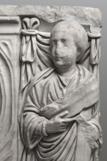 Sarcophagus with a depiction of a married couple and a shepherd, unknown Roman workshop. A large