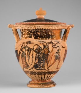 Column krater with lid, unknown Attic workshop. Black-figure krater with lid. Red clay, tinted with