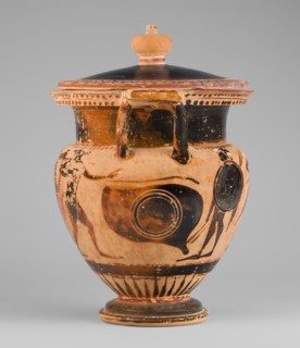 Column krater with lid, unknown Attic workshop, Black-figure krater with lid. Red clay, tinted with