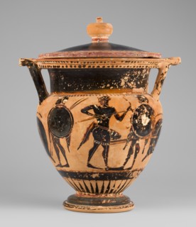 Column krater with lid, unknown Attic workshop. Black-figure krater with lid. Red clay, tinted with