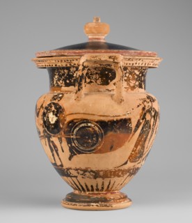 Column krater with lid, unknown Attic workshop. Black-figure krater with lid. Red clay, tinted with
