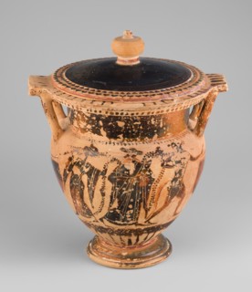 Column krater with lid, unknown Attic workshop. Black-figure krater with lid. Red clay, tinted with