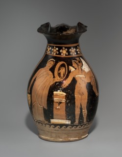 Red-figure oinochoe depicting a woman with a mirror and Eros, Apulia, late 4th century BC, vessel