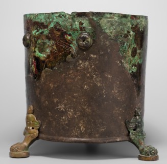 Cista container decorated with a depiction of the Dioscuri and Athena, Cylindrical vessel made of