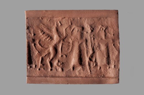 Cylinder seal with a mythological scene, unknown Cypriot workshop. Mythological scene depicting two