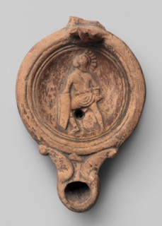 Lamp decorated with a depiction of a gladiator so-called Samnite, unknown Roman workshop, Scen.Gal