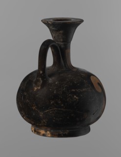 Aryballus lekythos, Reddish-brown clay with black, slightly shiny, well-covering varnish, including