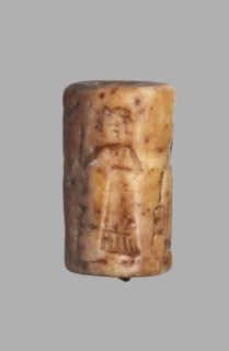 Cylinder seal with a presentation scene and a cuneiform inscription, unknown Akkadian workshop;